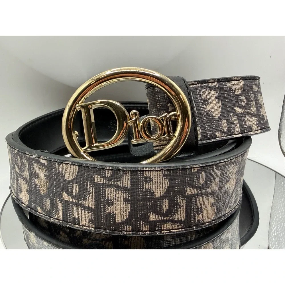Dior Oblique Monogram Belt Beige Black Gold CD Logo Buckle Size 50/125
